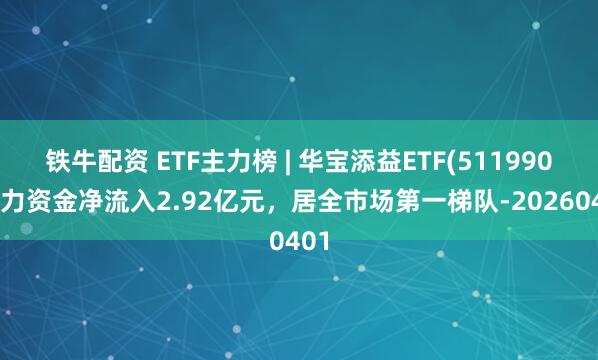 铁牛配资 ETF主力榜 | 华宝添益ETF(511990)主力资金净流入2.92亿元，居全市场第一梯队-20260401